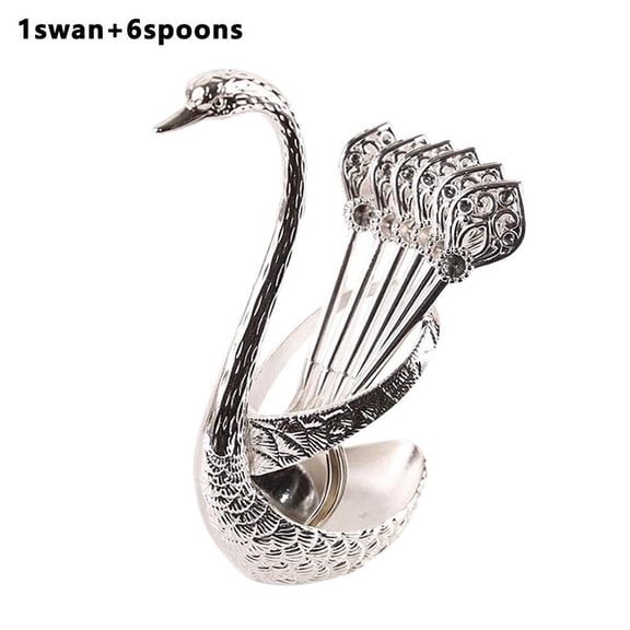 Coffee Spoon Set - 6PCS Stainless Steel Spoons 1 Swan Base, Creative Stirring Spoon for Coffee/Dessert/Tea, Kitchen Cutlery with Storage Holder