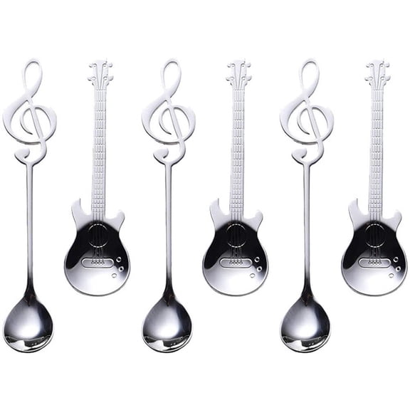 Coffee Spoons,6pcs Stainless Steel Teaspoons Musical Note Guitar Shaped Dessert Spoons Small Mini Spoons Set for Parties