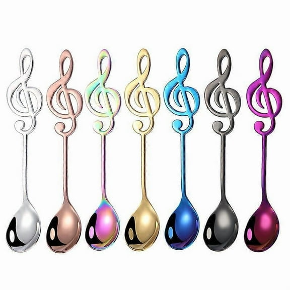 Coffee Spoons Tea Dessert Espresso Musical Note 304 Long Handle Black Rose Gold Blue Purple Rainbow Silver Set of 7, 6.1 inch