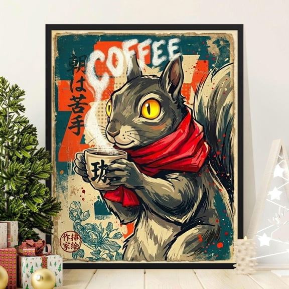 Coffee Squirrel Print Japanese Pop Art Grunge Animal Urban Poster Decor, Stretched Canvas 16x20in