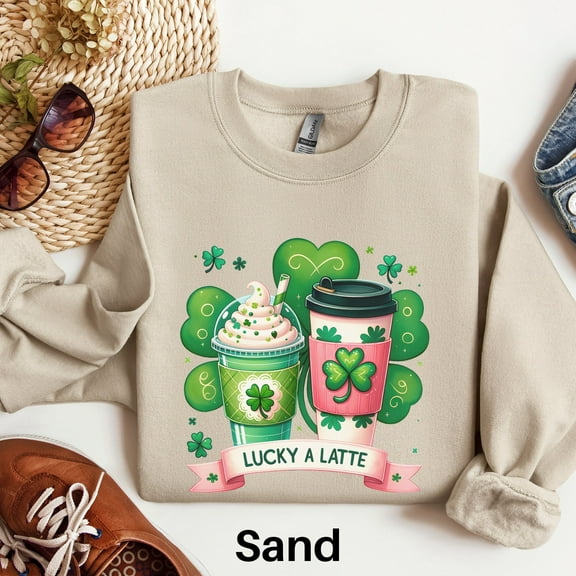 Coffee St Patricks Day Sweatshirt, Lucky A Latte Sweater, Coffee Lover Sweater, Womens Cute St Pattys Day Sweater, Irish Shamrock Sweater 1665804760 7582