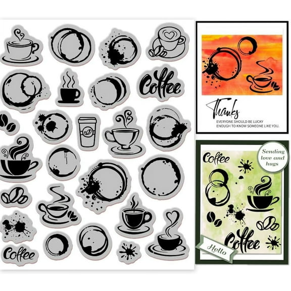 Coffee Stains Cling Rubber Stamp 7.09x8.66inch Coffee Cup EVA Stamps Embossing Stamp Seal Coffee Background Rubber Stamps for DIY Scrapbooking and Card Making Paper Craft Decor Mixed Color