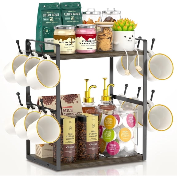 Coffee Station Bar Organizer Mug Holder Stand Countertop, 2 Tier Mug Cup Tree Rack for Kitchen Office, Storage Shelf with 12 Hooks, Creat Stylish Coffee Corner, Brown-Black
