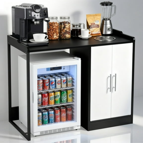 Coffee Station with Mini Fridge Space, Bar Cabinet with Trash Can Storage, Beverage Station with Flip Lid and Secure Raised Edges, Modern Coffee Bar Cabinet for Home Office Dorm