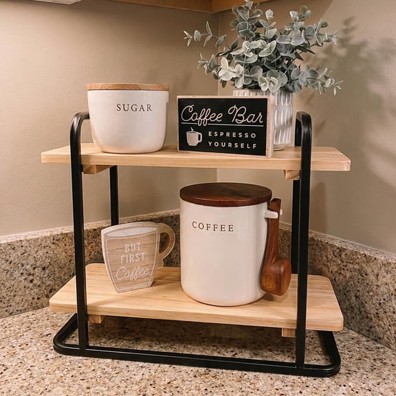 Coffee Station Organizer 2 Tier Wooden Serving Tray Charcuterie Board Stands Rectangle Coffee Bar Organizer Dessert Display Stand Tiered Cupcake Stand for Kitchen, Office, Home