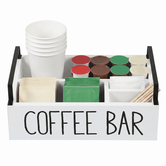 Wooden Coffee Station Organizer, 4 Compartment K Cup Organizer for Counter, Farmhouse Coffee Bar Accessories Basket with Handles