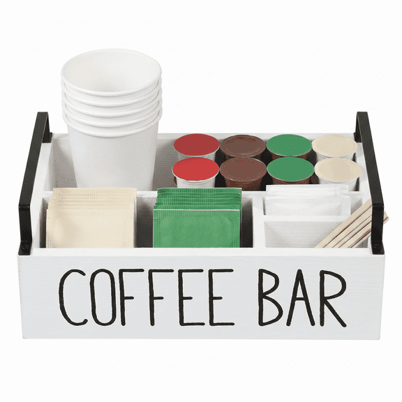 Wooden Coffee Station Organizer, 4 Compartment K Cup Organizer for Counter, Farmhouse Coffee Bar Accessories Basket with Handles