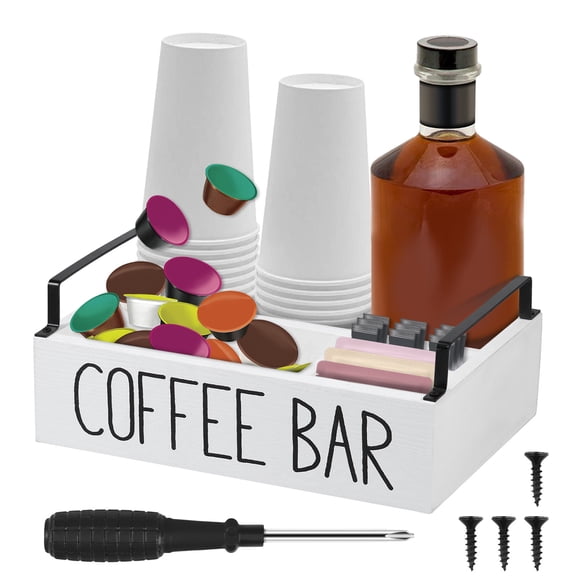 Coffee Station Organizer 4 Compartments Coffee Bar Accessories Organizer with 2 Handles Wood Coffee Pods Holder Storage Basket Versatile Coffee Organizer Station for Countertop Coffee Bar Decor