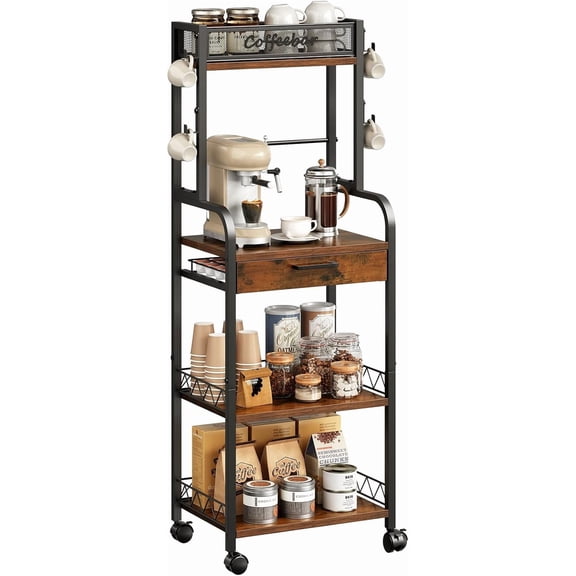Coffee Station Organizer - 5 Tier Coffee Bar Cart with Wheels and Storage, Pod Drawers and 4 Hooks for k Cup Organizer, Tea Bar, Living Room, Kitchen,Office