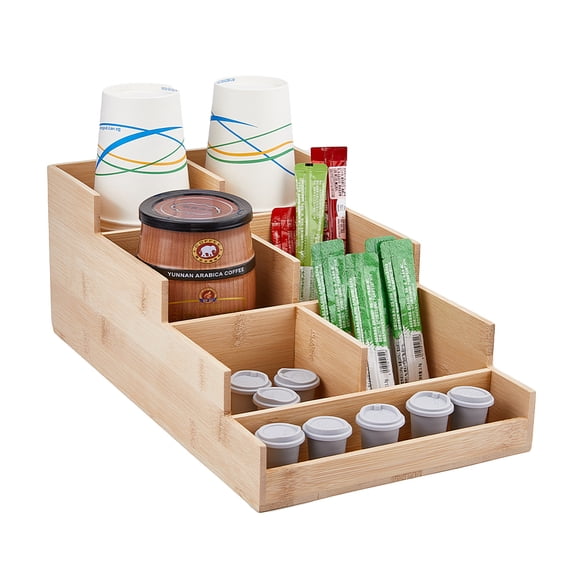 Coffee Station Organizer Bamboo Coffee Pod Holder Condiment Organizer Tea Bar Accessory Caddy Office Bar Holder Accessories for Tea Bags Pods Syrup