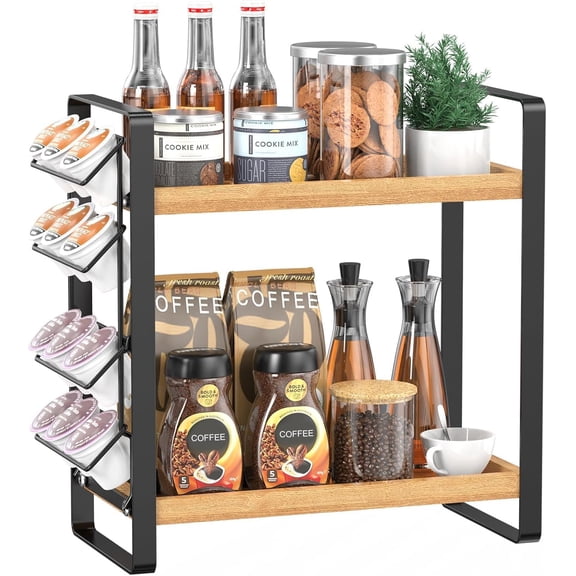 Coffee Station Organizer,Compatible with Nespresso Classic Pods 24pcs, Coffee Bar Accessories and Cup Storage Organizer, Wood Counter Shelves for Kitchen, Office, Countertop