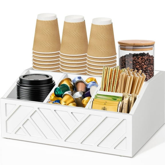 Coffee Station Organizer for Counter, FarmhouseHome and Office Wood Coffee Bar organizer Countertop for Accessories, Coffee Caddy with Compartments for Pods, Creamer, Sugar Packets, and Accessories