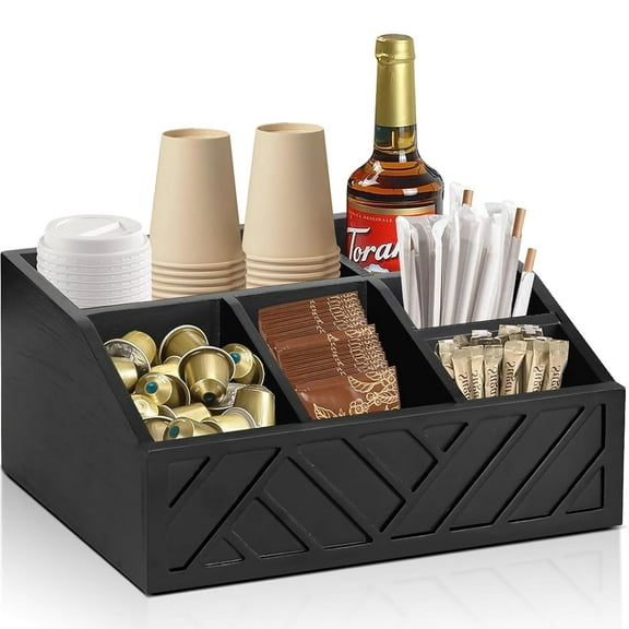 Coffee Station Organizer for Counter, FarmhouseHome and Office Wood Coffee Bar organizer Countertop for Accessories, Coffee Caddy with Compartments for Pods, Creamer, Sugar Packets, and Accessories