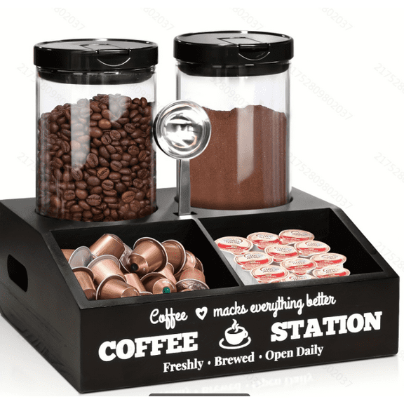 Coffee Station Organizer For Counter, Wood Coffee Pods Holder Storage Basket with 2 Glass Jars, Coffee And Tea Condiment Storage Organizer, Rustic Coffee Bar Decor For Coffee Accessories Organizer