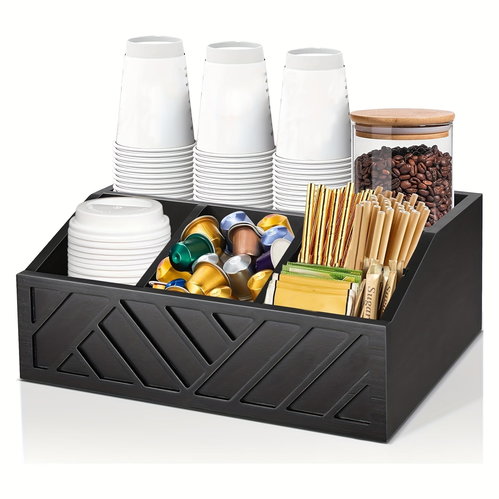 Ugiftt Wooden Coffee Station Organizer | 5-Compartment Countertop Holder For Pods, Mugs & Accessories