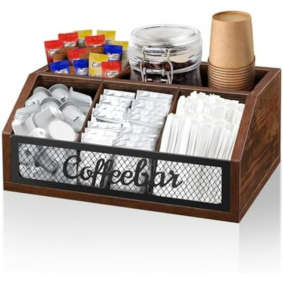 Coffee Station Organizer for Counter, Wood Pods Holder Basket with Removable Dividers, Office Coffee Bar Accessories Decor for Syrup, Cups, Stirrer, Tea$$Home Decor, Kitchen, & Other