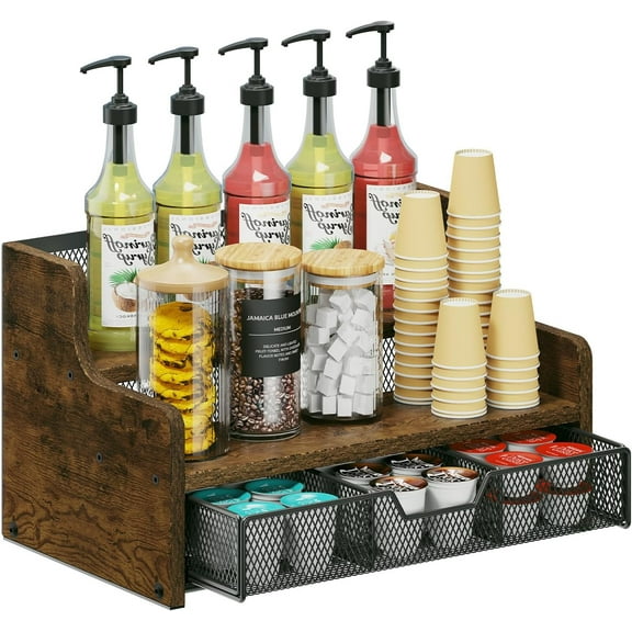Coffee Station Organizer for Countertop, Wood Coffee Bar Organizer with Drawer, Kcup Coffee Pod Holder Storage Box, K Cup Holder Organizer for Coffee Bar Accessories