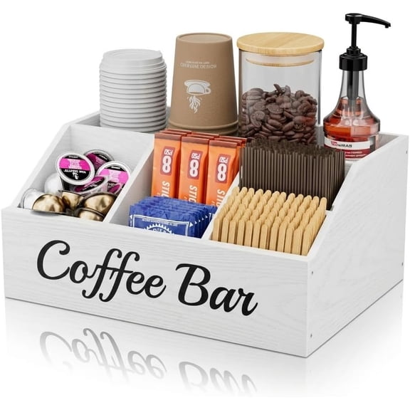 Coffee Station Organizer for Countertop – Wooden Coffee Bar Organizer with Adjustable Dividers,Holds K Cup Pod & syrup bottles, for Kitchen, Office, or Bar and Tea Station, White