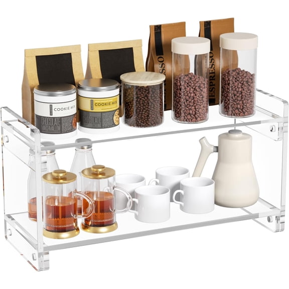 Coffee Station Organizer Countertup: Coffee Bar Accessories - 2 Tier Kitchen Acrylic Storage Shelf for Placing Mugs Beans Syrup Cups Stirrers