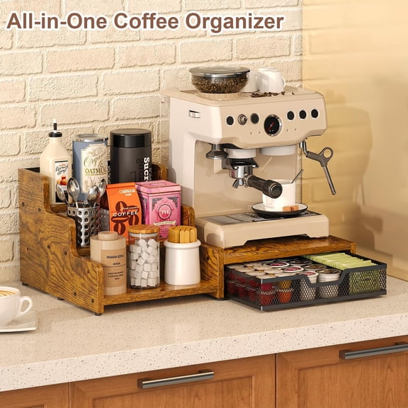 Coffee Station Organizer with K Cup Holder, 28 Pod Capacity,3-Tier Syrup Rack with Coffee Pod Holder Drawer, Coffee Bar organizer Countertop for Accessories,Rustic Brown