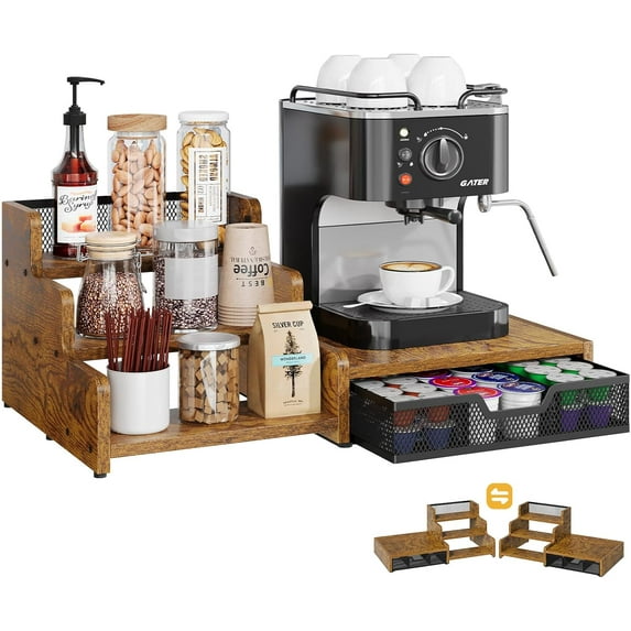 Coffee Station Organizer with K Cup Holder, 28 Pod Capacity,3-Tier Syrup Rack with Coffee Pod Holder Drawer, Coffee Bar organizer Countertop for Accessories,Rustic Brown