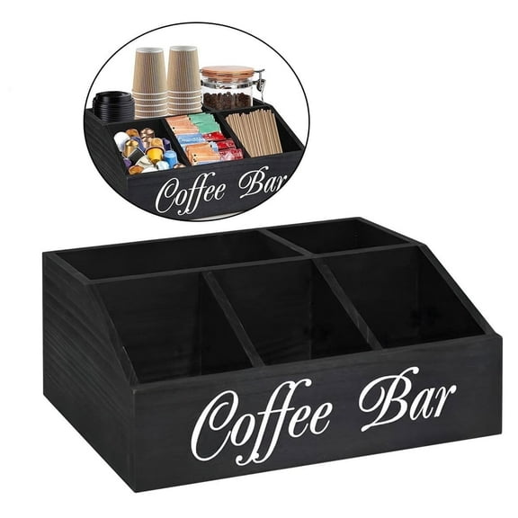 Coffee Station Organizer Wood Coffee Pods Holder Storage Basket Coffee and Tea Condiment Storage Organizer Rustic Coffee Bar Decor Black