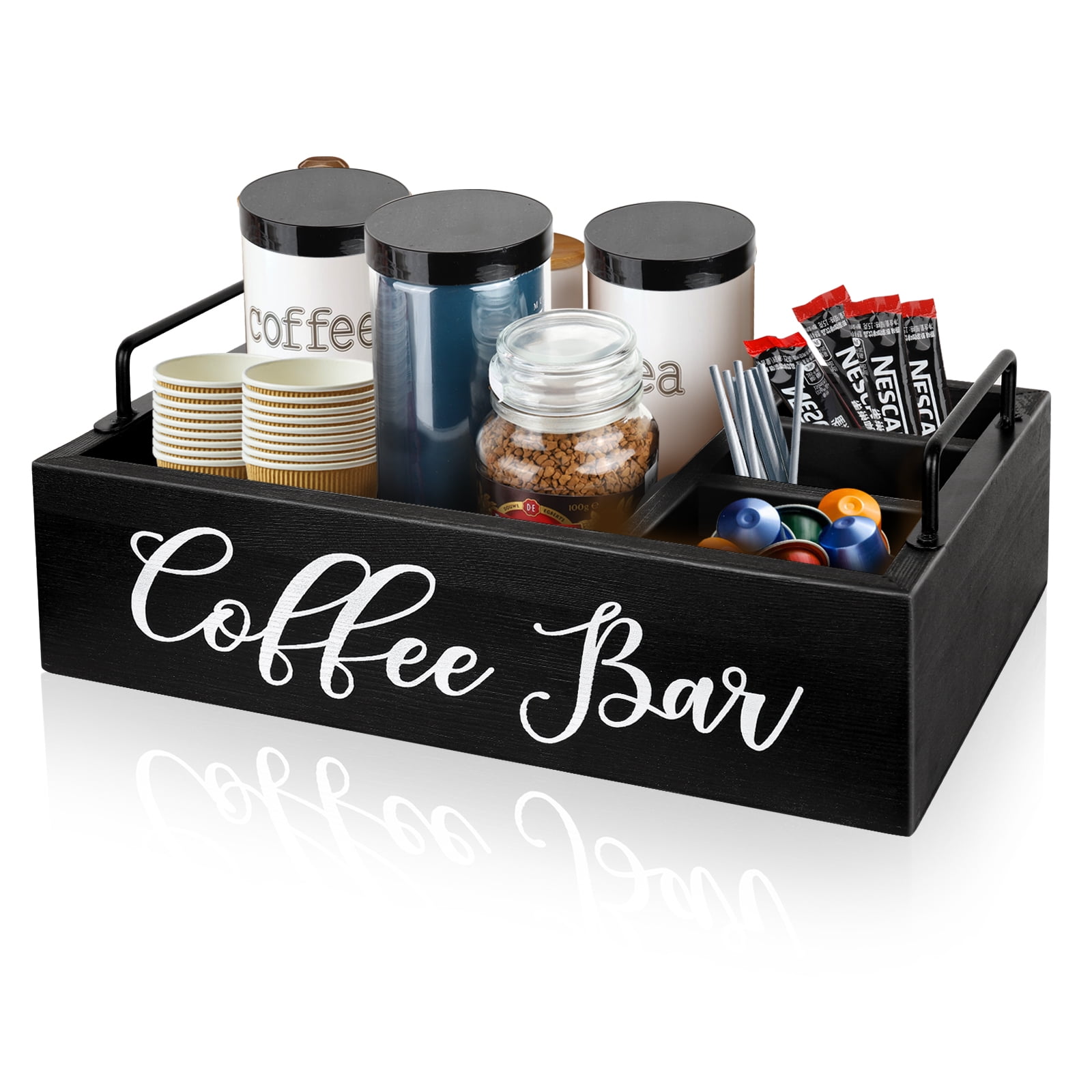 ugiftt Coffee Station Organizer for Counter, Wood Coffee Pods Holder  Storage Basket, Coffee and Tea Condiment Storage Organizer, Rustic Coffee  Bar