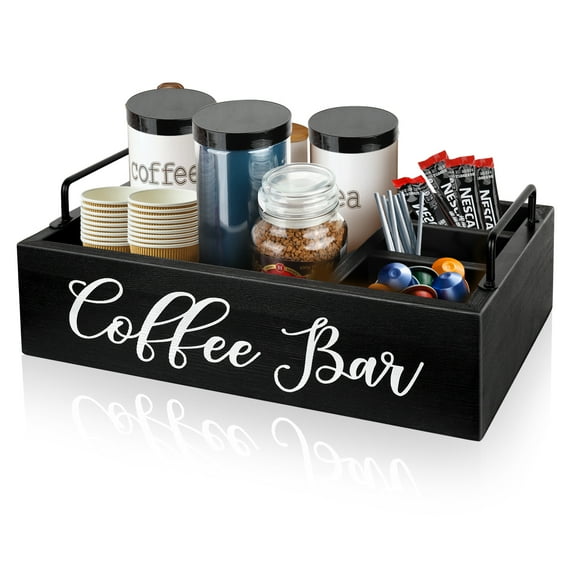 Coffee Station Organizer Wooden Coffee Bar Accessories Organizer for Countertop, Farmhouse Kcup Coffee Pod Holder Storage Basket Coffee Bar Organizer - Black