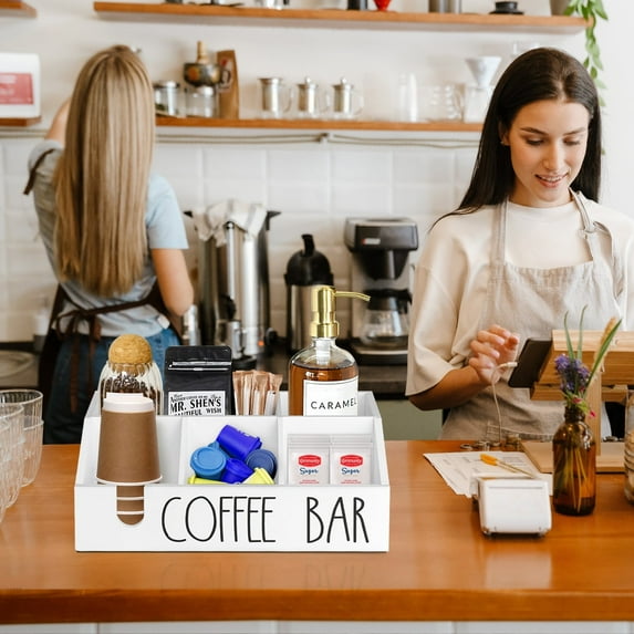 Coffee Station Organizer Wooden Coffee Bar Accessories and Organizer for Countertop, Coffee Pods Holder Storage Basket, Coffee and Tea Condiment Storage Organizer, Coffee Bar Decor Holder