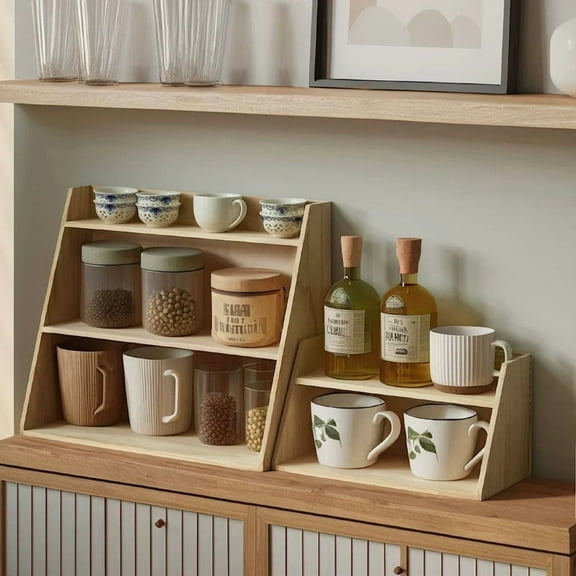 Coffee Cute Cup Storage, Wooden Tea Cups Rack, Kitchen Counter Shelf for Tea Coffee Bar Accessories, Matcha Stand, Cup Display, Condiment Storage Rack