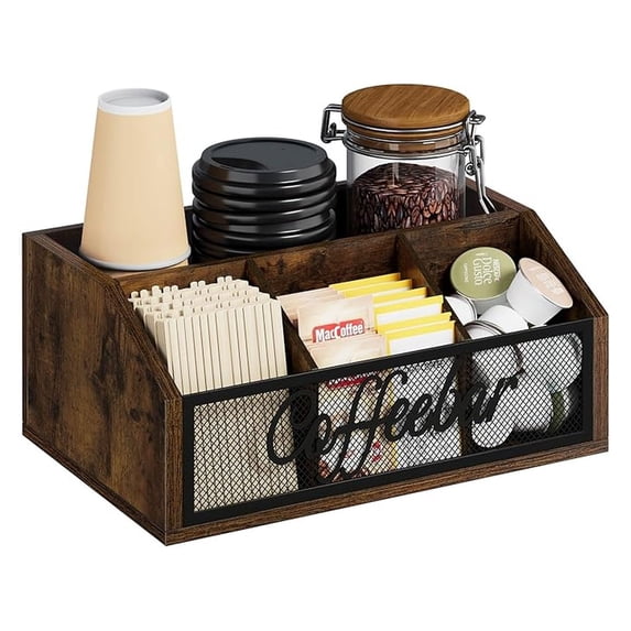 Coffee Station Organizer for Countertop, Wood Coffee Bar - Pods, Syrup, Cup Holder, Tea Station Accessories, Large Multi-Functional Storage