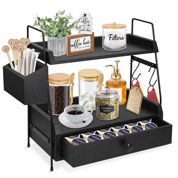 Coffee Station Organizer for Kitchen Counter - Countertop Coffee Bar Accessories Organizer with Condiment Storage, Cup Lid Holder & Shelf
