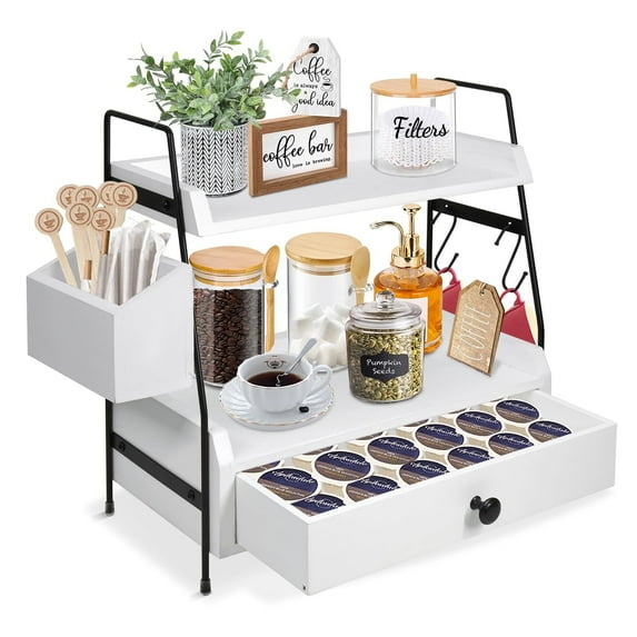 Coffee Station Organizer for Kitchen Counter - Countertop Coffee Bar Accessories Organizer with Condiment Storage, Cup Lid Holder & Shelf