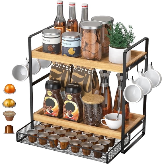 THENNIKIGO Coffee Station Organizer, 2-Tier Wood & Metal Countertop Storage Shelf with Cup Hooks and Coffee Pod Holder for Kitchen & Bathroom