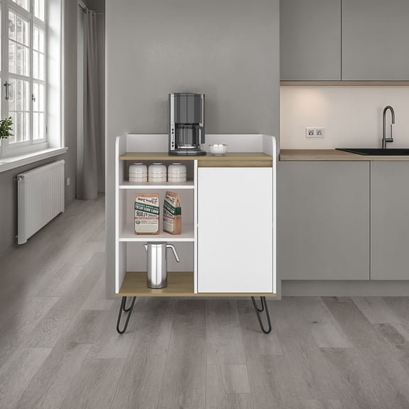 Coffee Station Table, White Particle Board Freestanding Coffee Bar with Top Counter Space, Three Open Shelves and Storage Cabinet for Kitchen and Dining Room, Modern Design