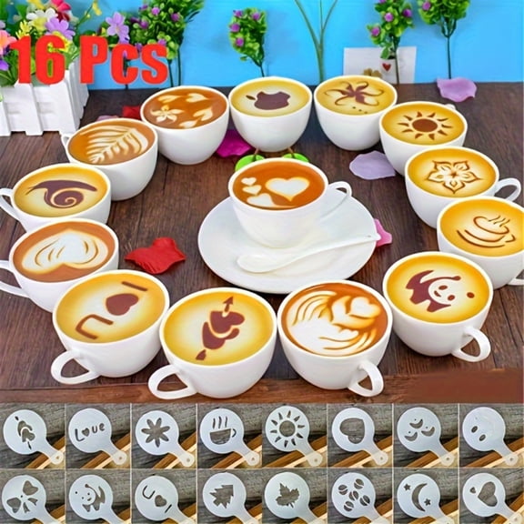 Coffee Stencil 16-Piece Set Plastic Latte Art Molds for Decorating Cappuccino, Cake and Oatmeal, DIY Barista Tool for Home Kitchen and Cafe Use Style B#287