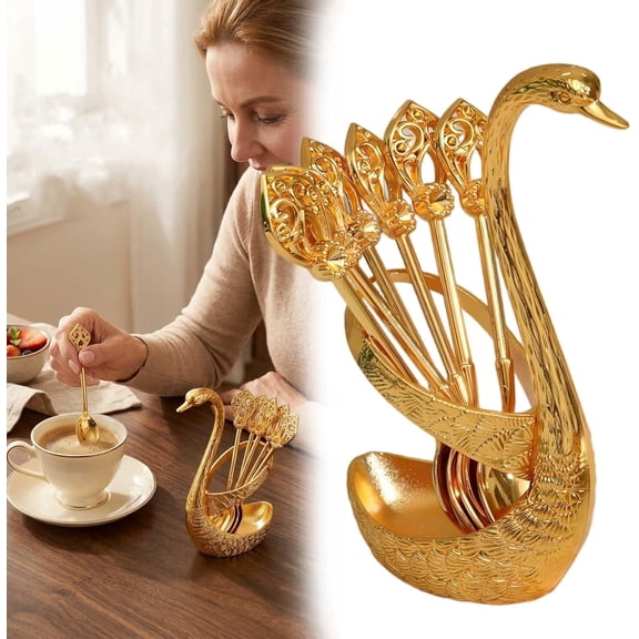 Coffee Stirring Spoon Set, 6 Piece Creative Swan Design Metal Spoons with Gold Base Holder, Decorative Utensil Organizer for Kitchen, Cafe, Gift(Gold)