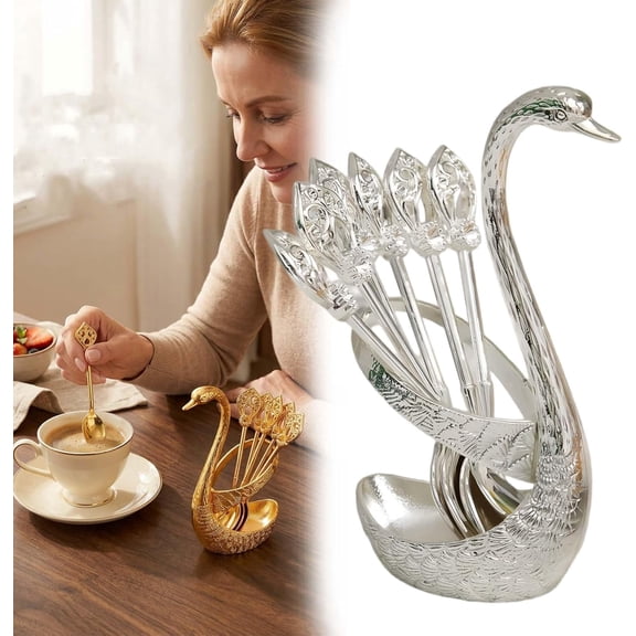 Coffee Stirring Spoon Set, 6 Piece Creative Swan Design Metal Spoons with Gold Base Holder, Decorative Utensil Organizer for Kitchen, Cafe, Gift(Silver)