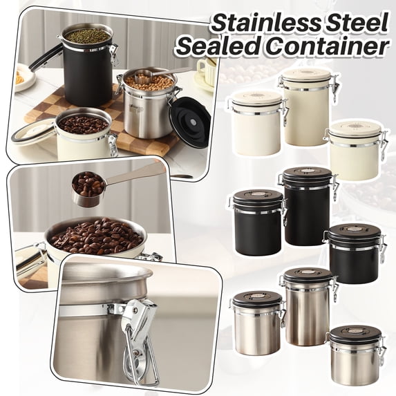 Coffee Storage, Jars & Canisters for Kitchen Pantry Organization, Stainless Steel Spoons for Ground Coffee Measuring, Black 3-Piece Coffee Canister Set with Lids, Crafted from
