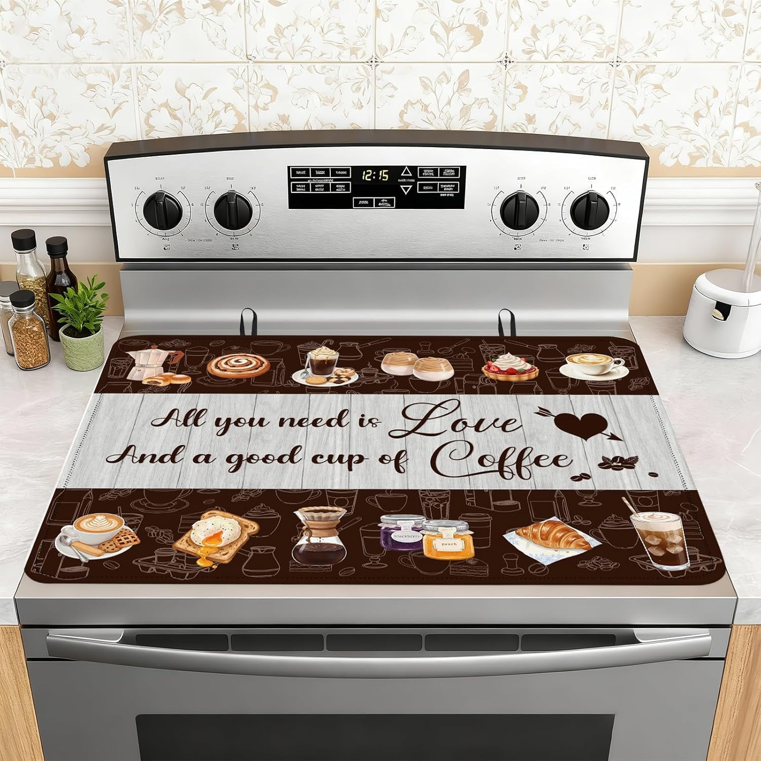 Coffee Stove Top Cover for Electric Stove, Coffee Ceramic Stove top Cover, Heat Resistant Glass Cooktop Cover, Flat RV Range Stovetop Protector, Dish Drying Mat for Kitchen, 28"x20"