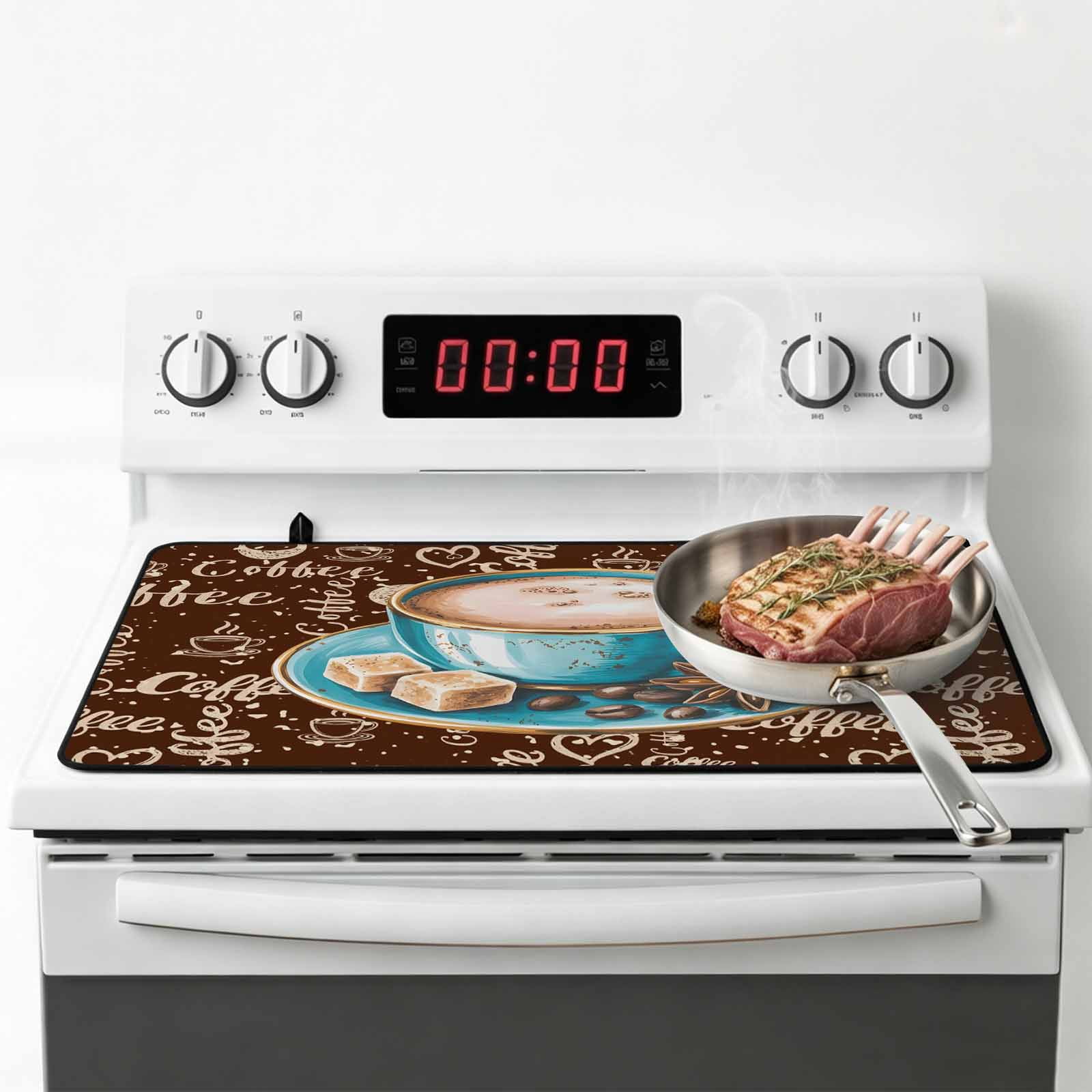Coffee Stove Top Cover for Electric Stove, Heat-proof & Non Slip Glass Top Stove Cover Protector, Brown Teal Pastoral Vintage Art Kitchen Flat Cooktop Rubber Mat 24x21 Inches