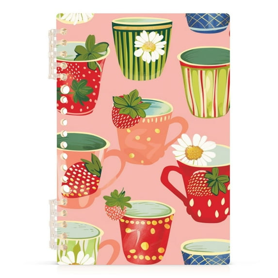 Coffee Strawberries Daisies Ring Binder Notebook Journey Note Diary College Ruled Spiral Notebook Study Loose Leaf Paper A5 60 Pages
