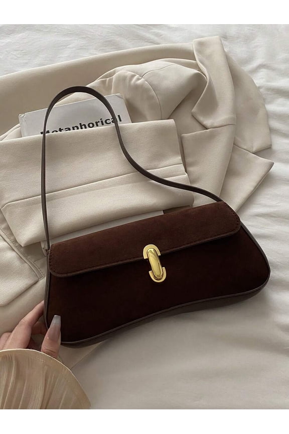 Coffee Suede Flap Shoulder Bag With Gold-Tone Clasp