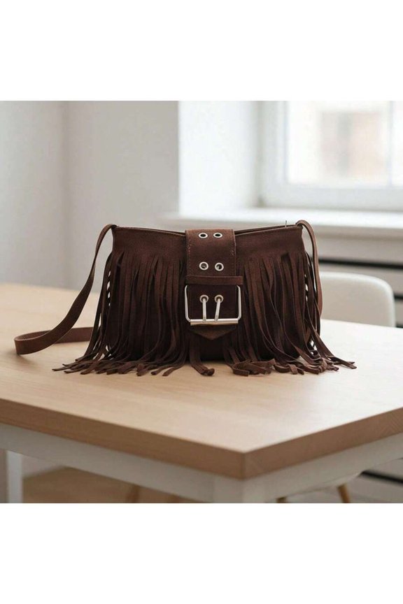 Coffee Suede Fringe Shoulder Bag With Buckle Closure Crossbody