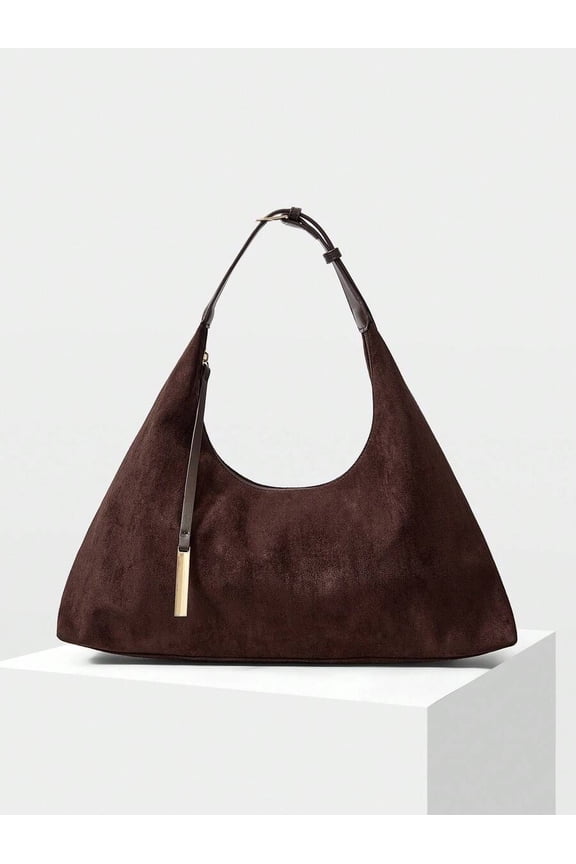 Coffee Suede Hobo Shoulder Bag With Gold-Tone Zipper Pull