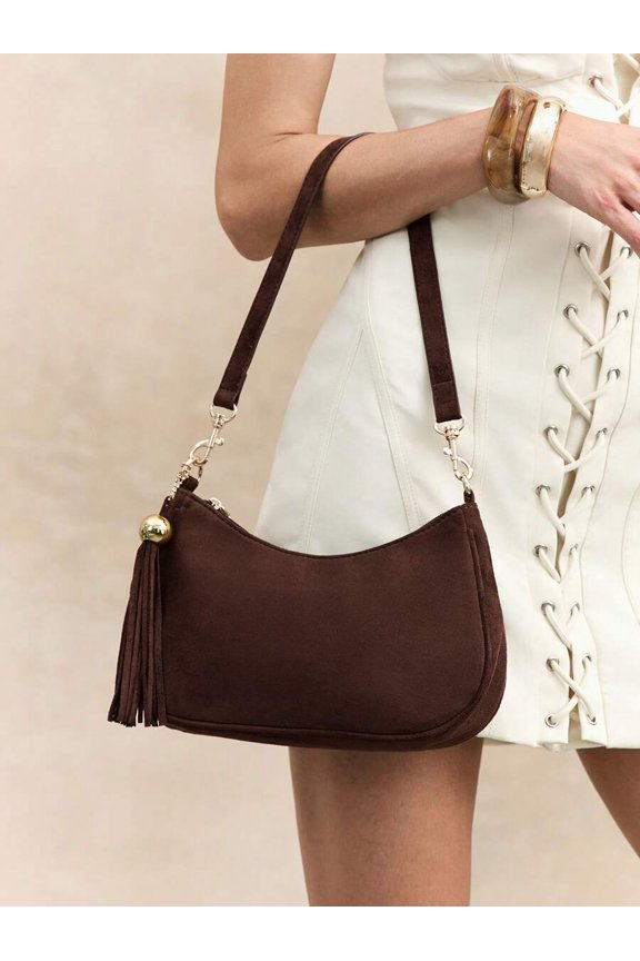 Coffee Suede Hobo Shoulder Bag With Tassel Pendant And Gold-Tone Hardware