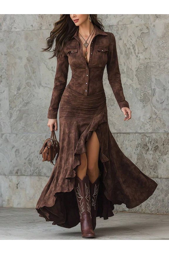 Coffee Suede-Like Button Front Long Sleeve Maxi Dress With Ruched Waist High Slit And Ruffle Hem