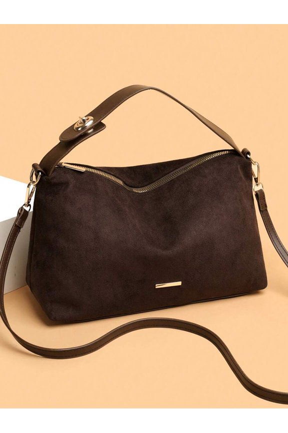 Coffee Suede Minimalist Shoulder Crossbody Bag With Gold-Tone Hardware