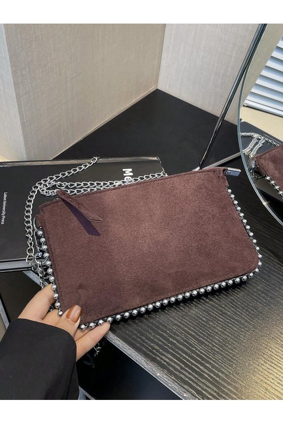 Coffee Suede Studded Chain Crossbody Clutch Bag With Zipper Closure