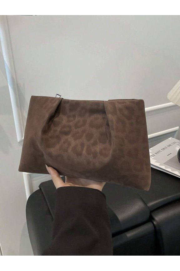 Coffee Suede Texture Ruched Clutch Pouch For Makeup Travel Storage